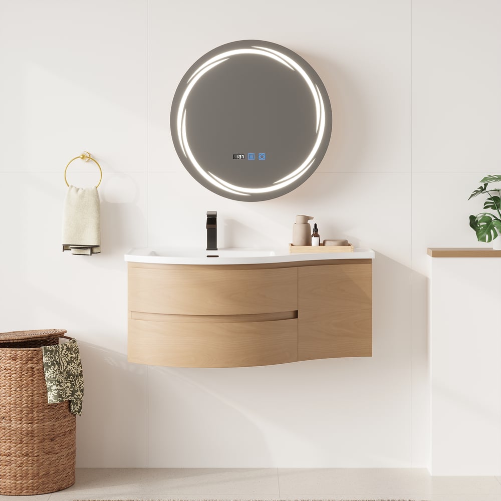 Floating Curved Bathroom Vanity & LED Medicine Cabinet Set window image
