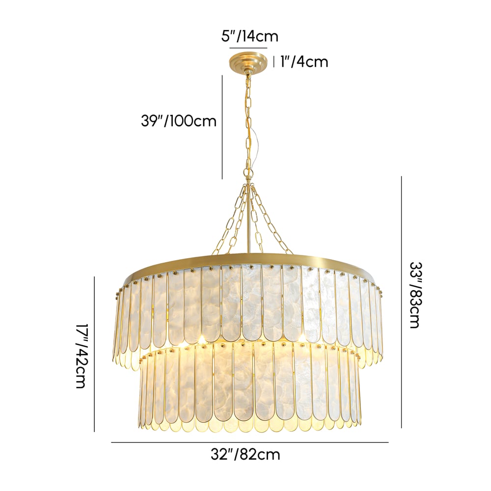 Enseo Coastal 8-Light Capiz Shell 2-Tiered Faceted Chandelier Pendant Light Gold White weights dimensions image