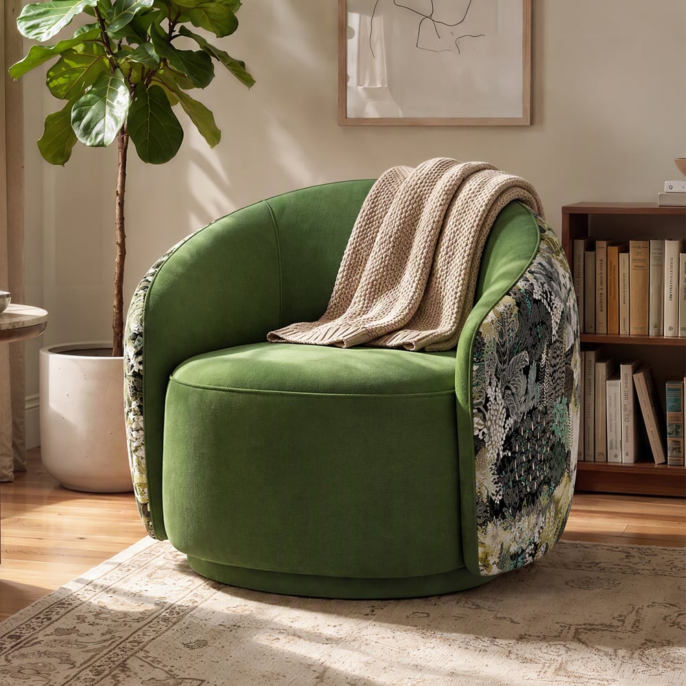 Performance Velvet 360° Swivel Barrel Accent Chair window image