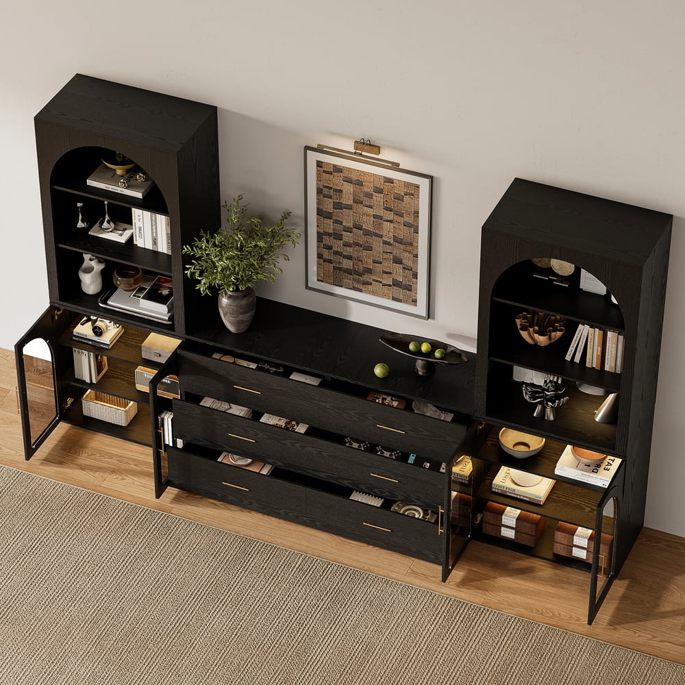 Arune 126"  Arched Glass Door 3-Piece Entertainment Center with Bookshelf window image