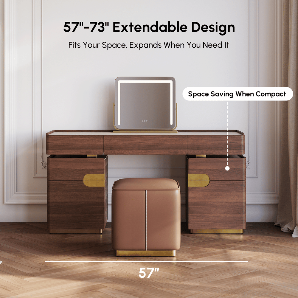 Horva Extendable Walnut Makeup Vanity Set (57"–73") window image