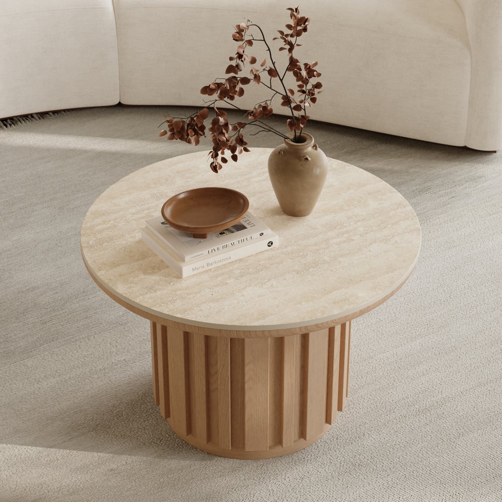 Table basse ronde à lattes en bois de frêne Aura avec plateau en pierre frittée image de fenêtre