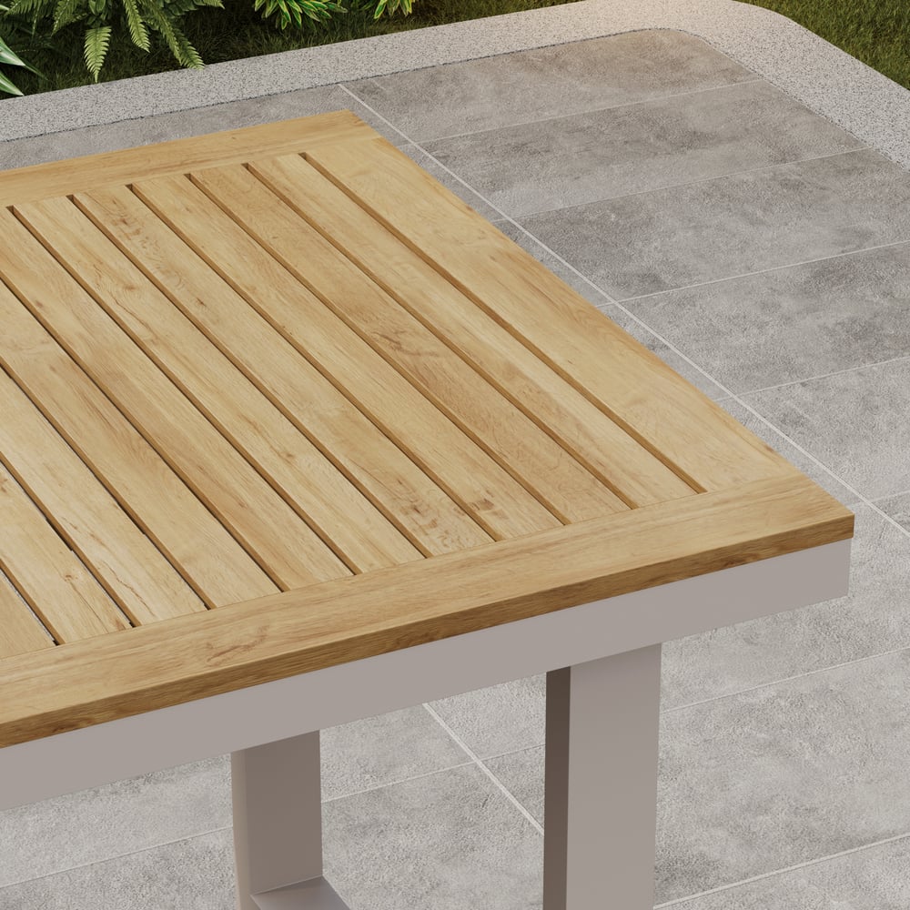 Tevara Outdoor Square Bar Table with Teak Wood Slat Top & Aluminum Frame in Sand window image