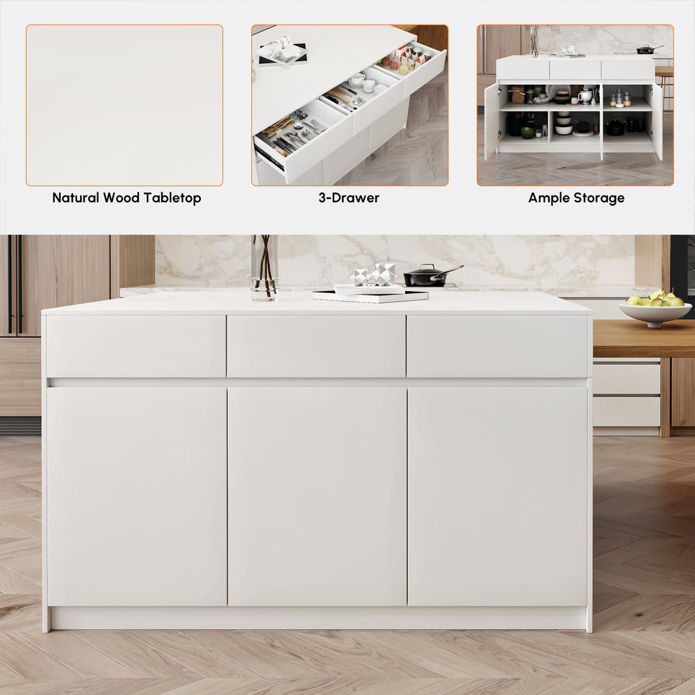 Îlot de cuisine extensible en bois de 81'' à 112'' avec rangement, Naturel et Blanc image de fenêtre