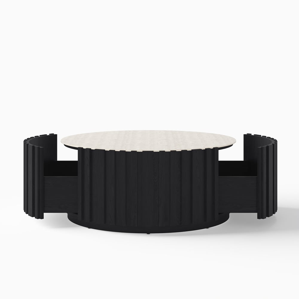 Aura 35" Round Black Slatted Sintered Stone Coffee Table with 2 Drawers window image