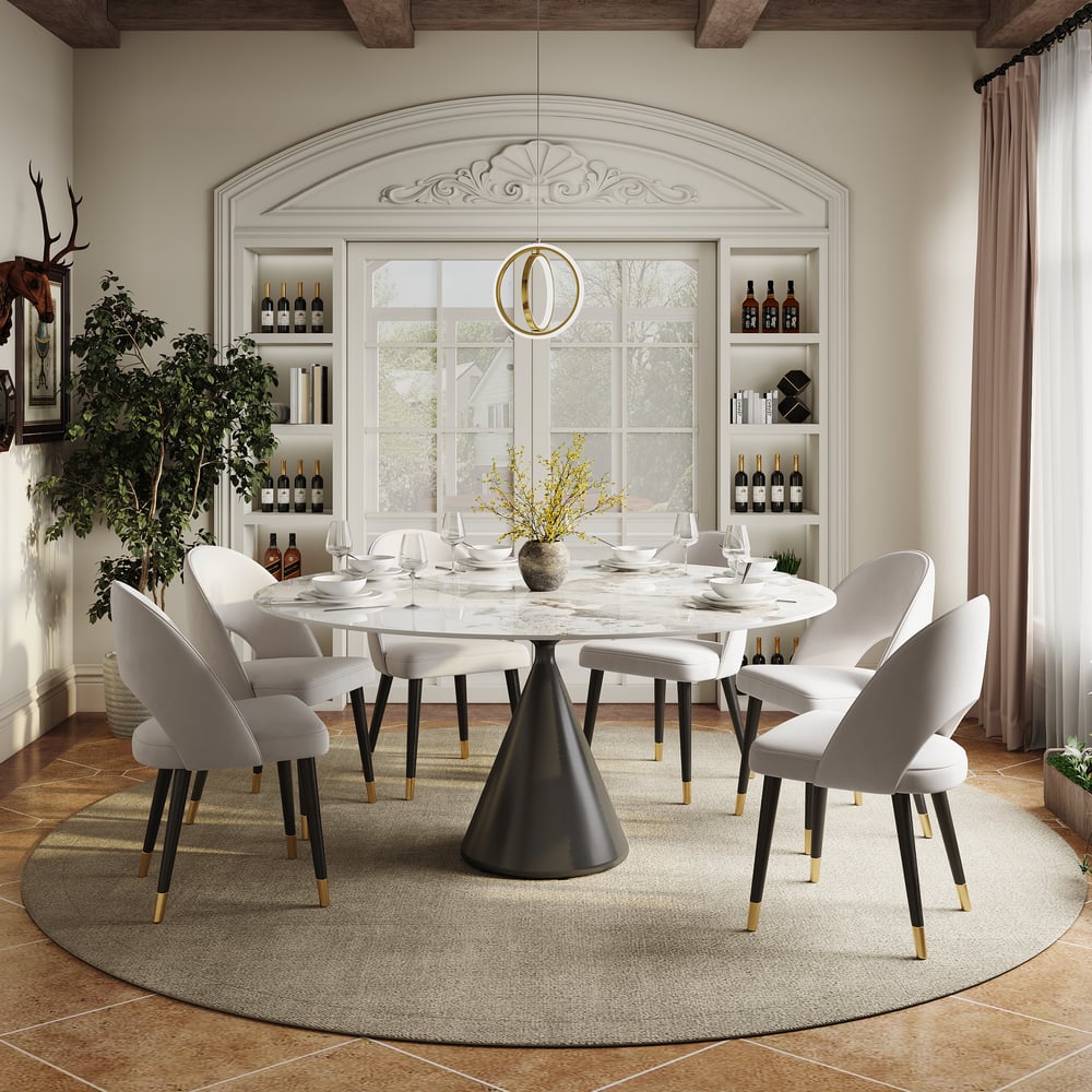 Modern 60" Round Glossy Sintered Stone Dining Table with Black Pedestal Base, Seats 6 window image
