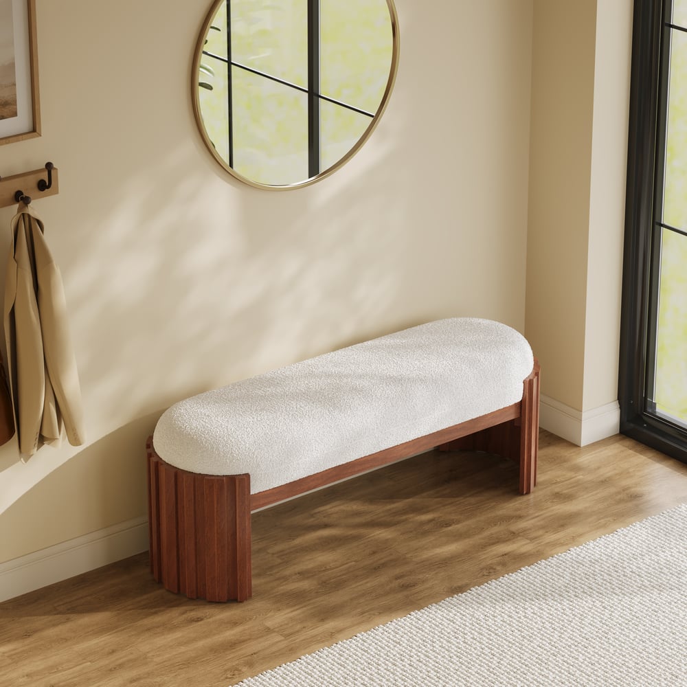 Aura 47” Walnut Wooden Boucle Upholstered Entryway Bench window image