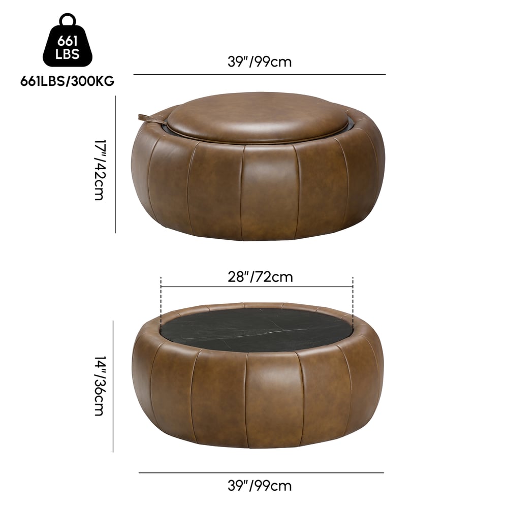 Modern 39" Round Performance Leather Ottoman Coffee Table with Hidden Storage weights dimensions image