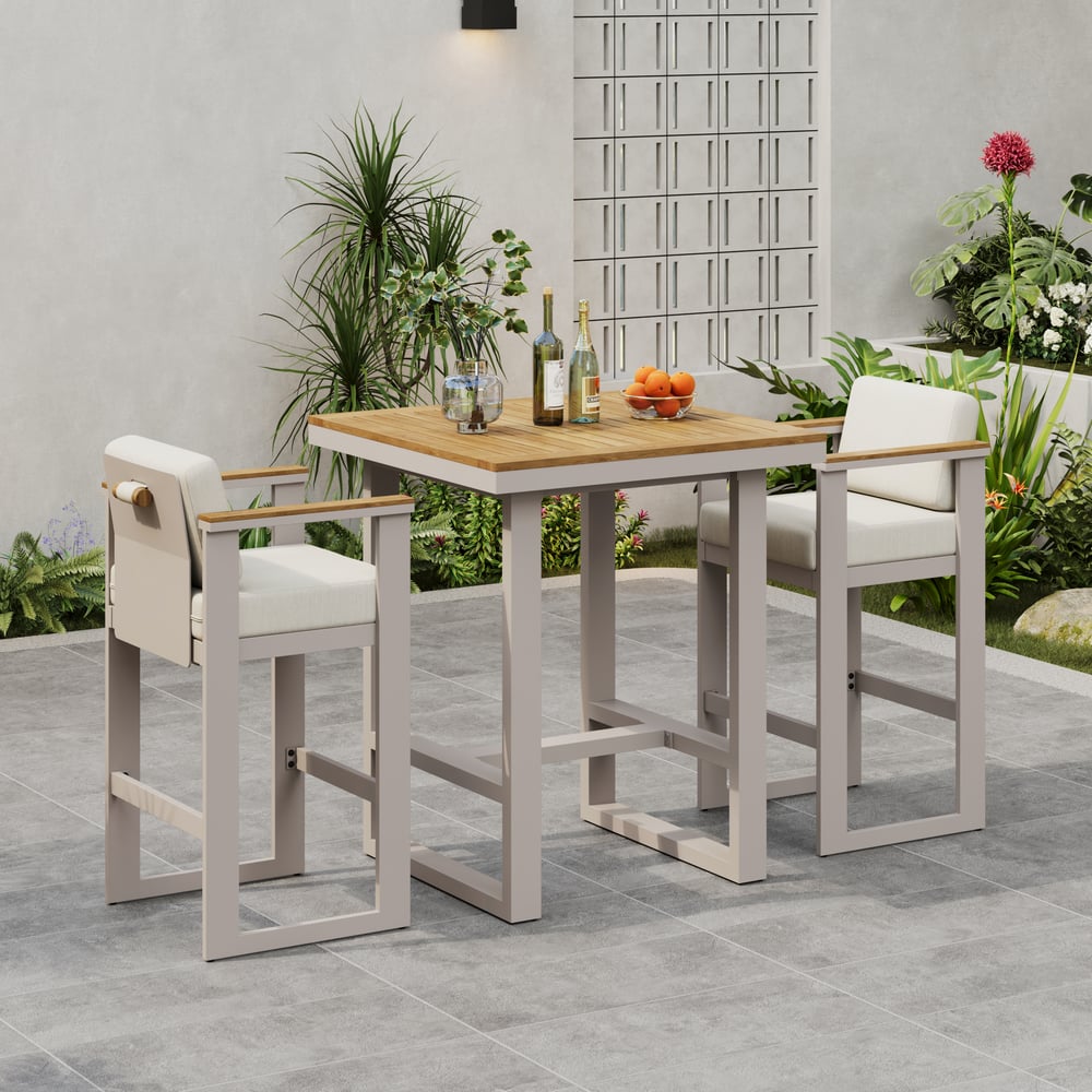 Tevara Outdoor Square Bar Table with Teak Wood Slat Top & Aluminum Frame in Sand window image