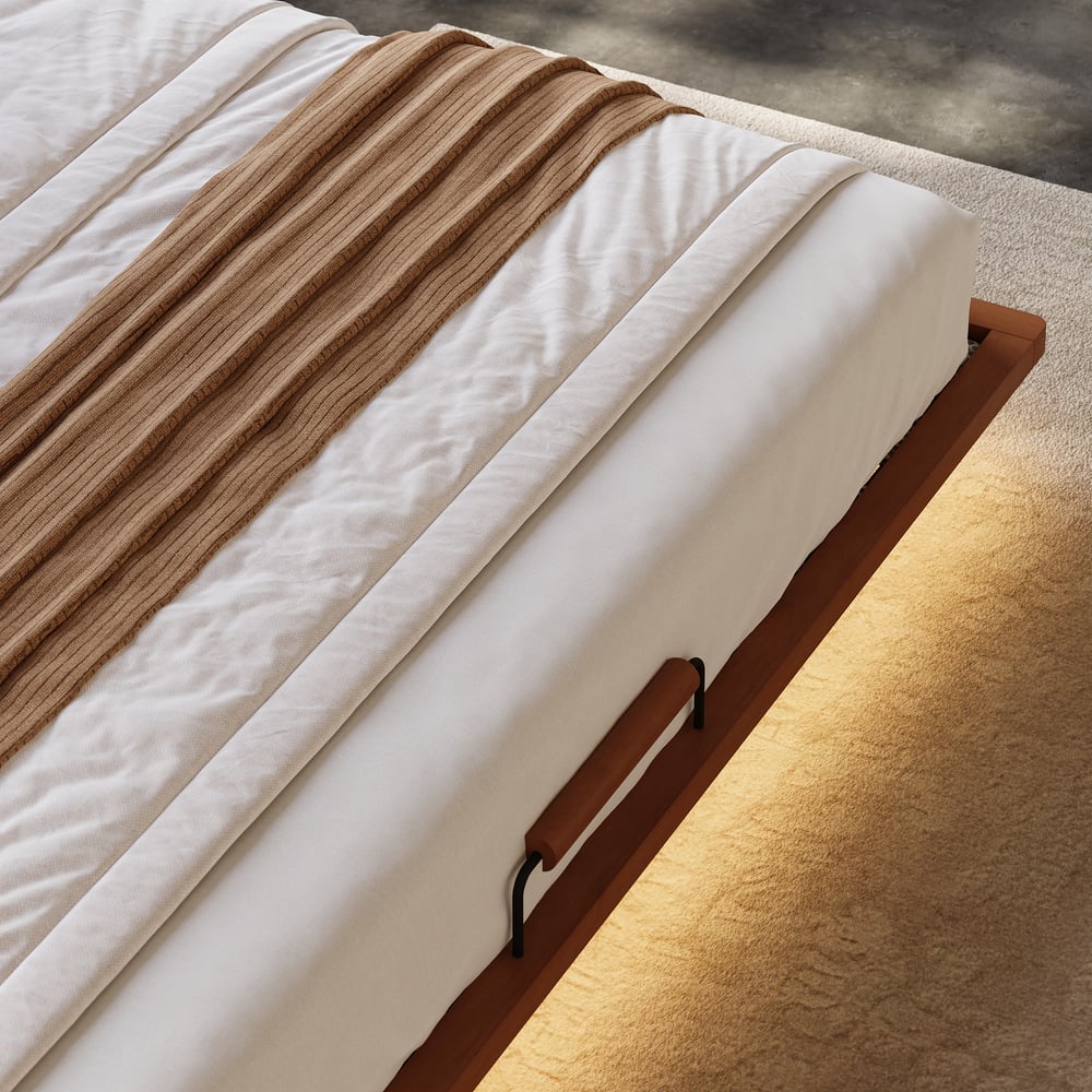 Japanese Style Solid Wood King Floating Bed with Headboard & Light window image