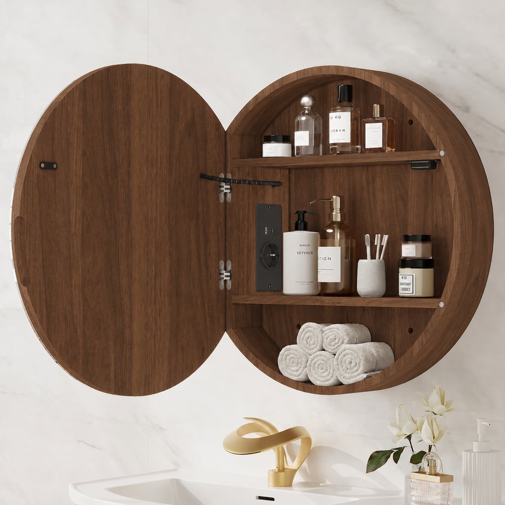 Armoire à pharmacie LED ronde de 60 cm avec rangement, antibuée, dimmable — Noyer image de fenêtre