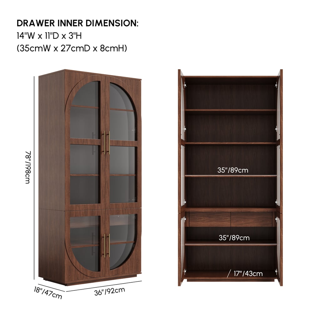 Arune Glass Tall Display Cabinet with Drawers & LED Light weights dimensions image