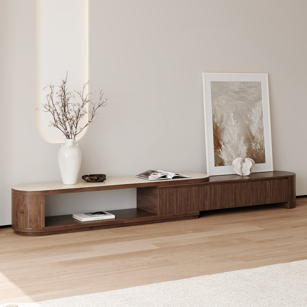 Rack de TV Extensível Velar 71"-114" com Tampo de Pedra Sinterizada e 3 Gavetas Imagem da janela