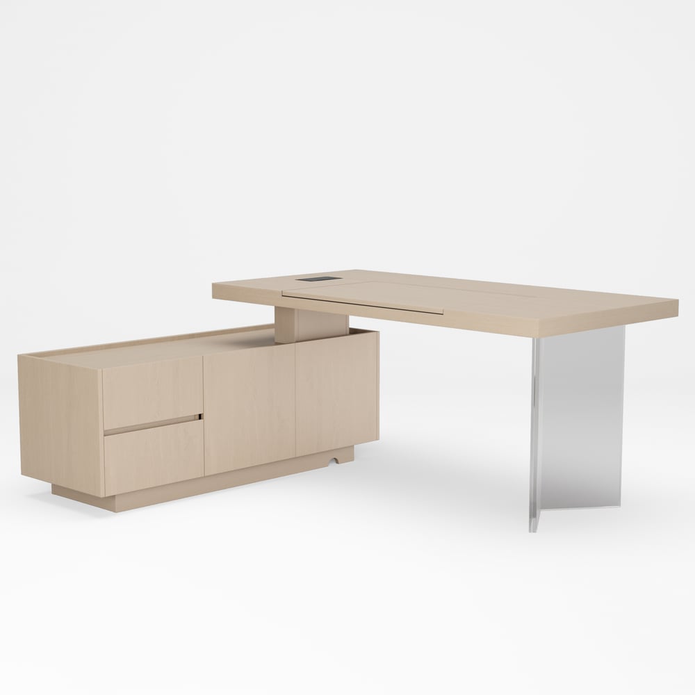 Modern 72" L-Shape Whitewash Standing Executive Desk with Lifter Desktop Left Hand window image