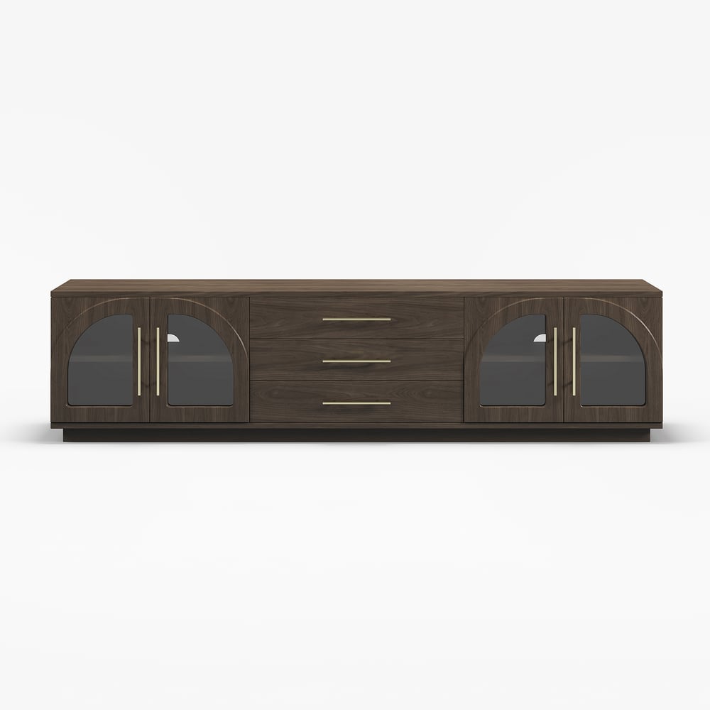 Arune 80" Arched Glass Doors Smoked Brown TV Stand with Storage and LED window image