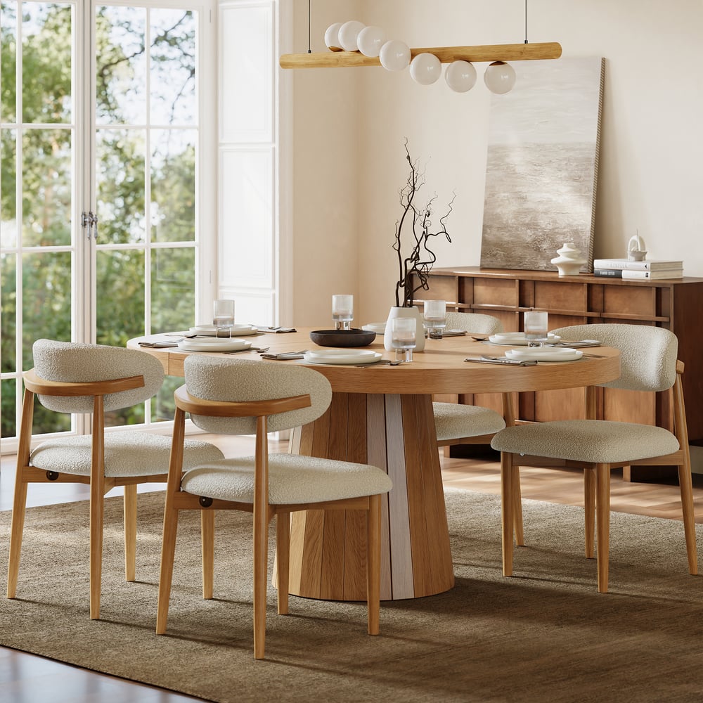 Set da pranzo tavolo da pranzo allungabile Japandi naturale da 99-140 cm con 4 sedie Immagine della finestra