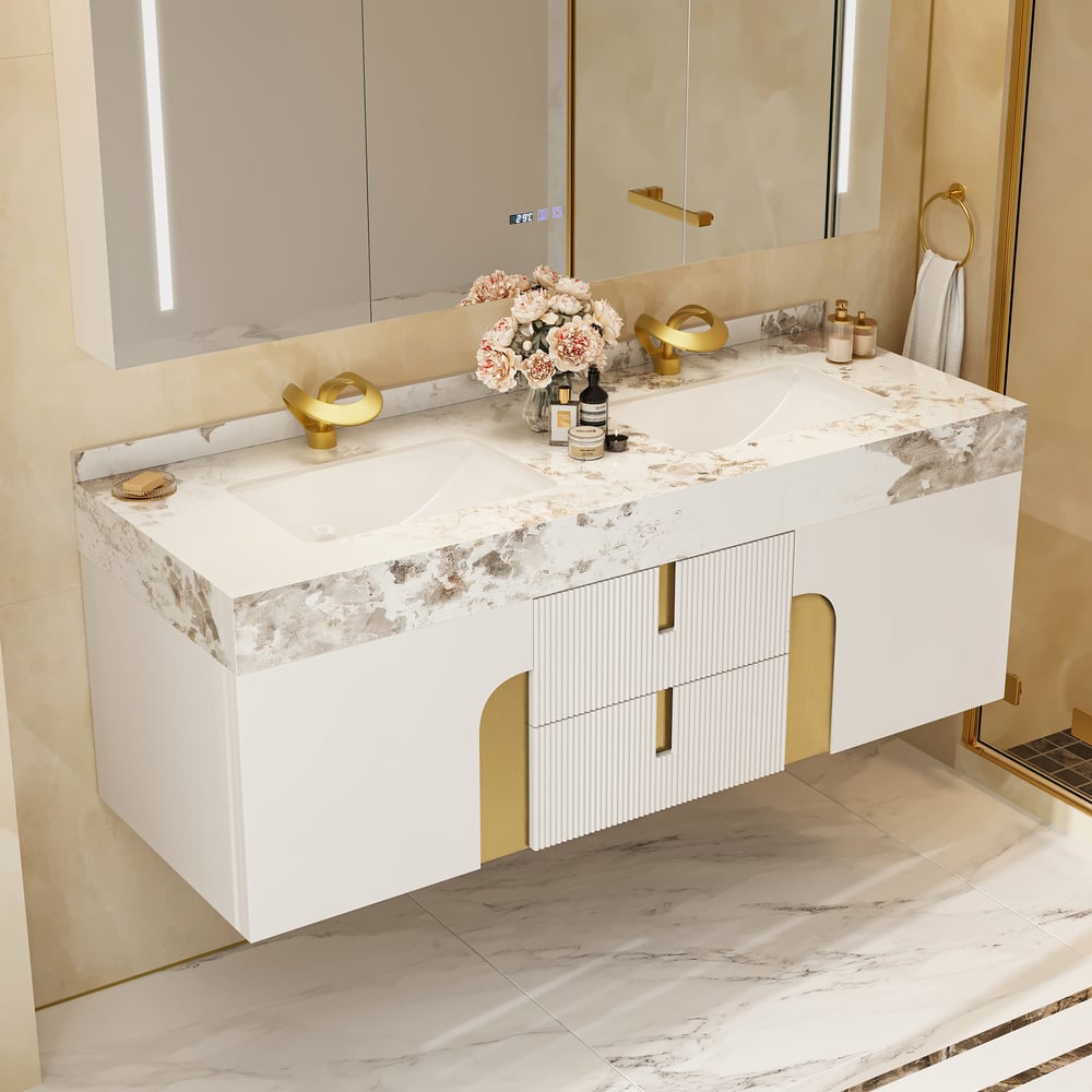 Artis 152 cm Meuble de salle de bain flottant double vasque avec plateau en pierre frittée image de fenêtre