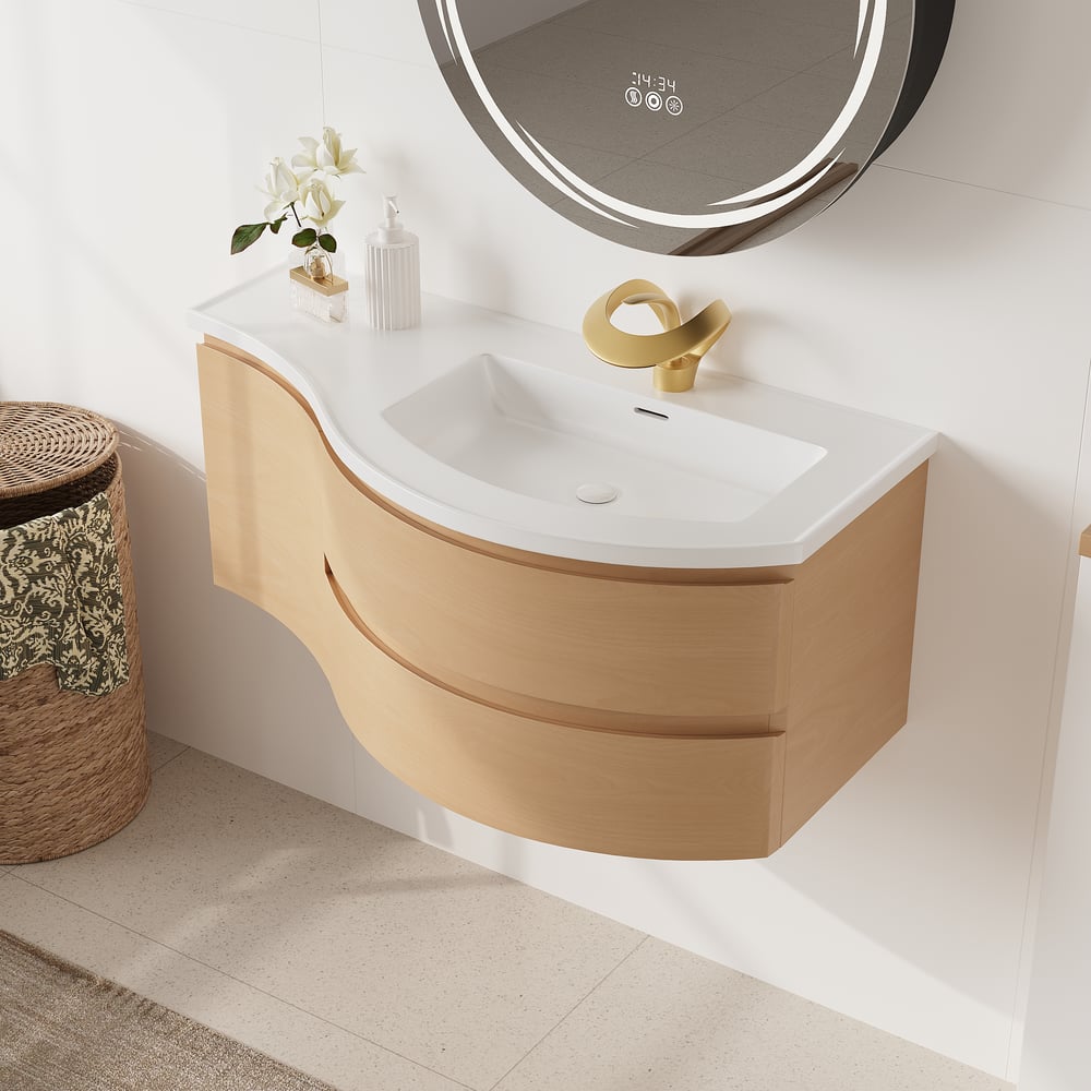 Floating Curved Bathroom Vanity & Round LED Medicine Cabinet Set Right Offset window image