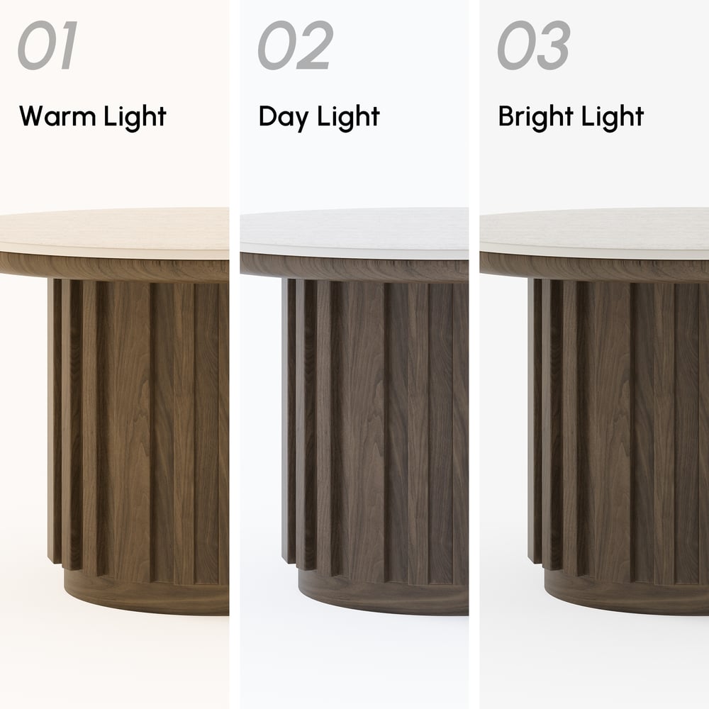 Table basse ronde à lattes en bois de frêne Aura avec plateau en pierre frittée image de fenêtre