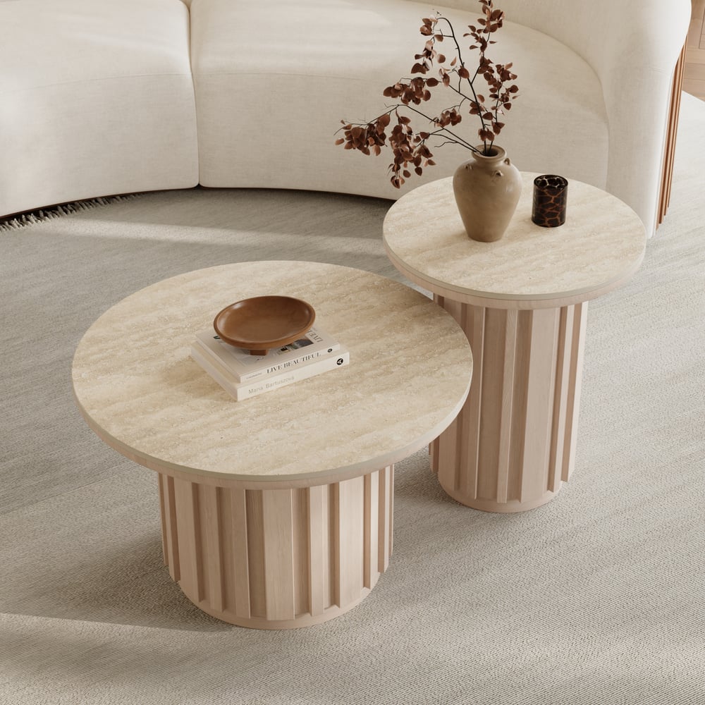 Aura 2 Piece Set Ash Wood Slatted  Round Coffee Table with Sintered Stone Top(20" - 28") window image