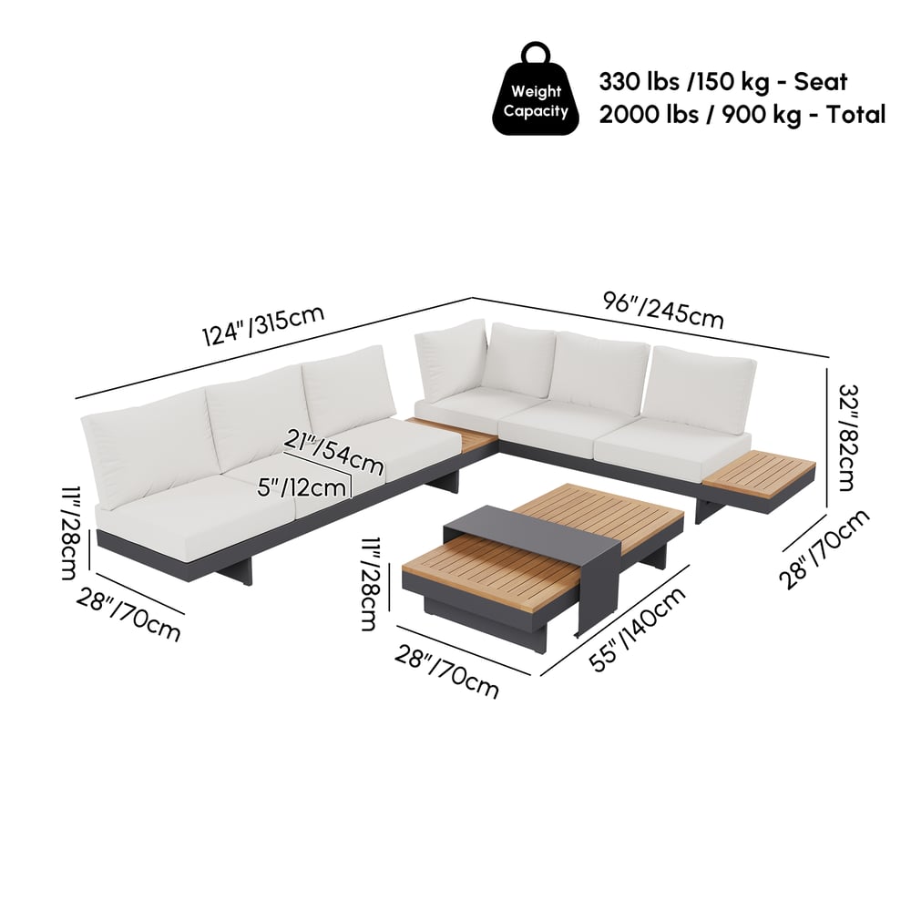 Tevara 120cm 5-Pieces Modular Teak Outdoor Sofa Set with Smokeless Fire Pit for 6 Person weights dimensions image