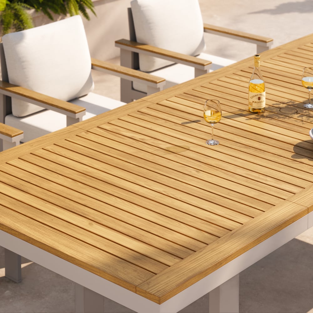 Tevara 7-Piece Rectangle Wood & Aluminum Outdoor Extendable Dining Set window image