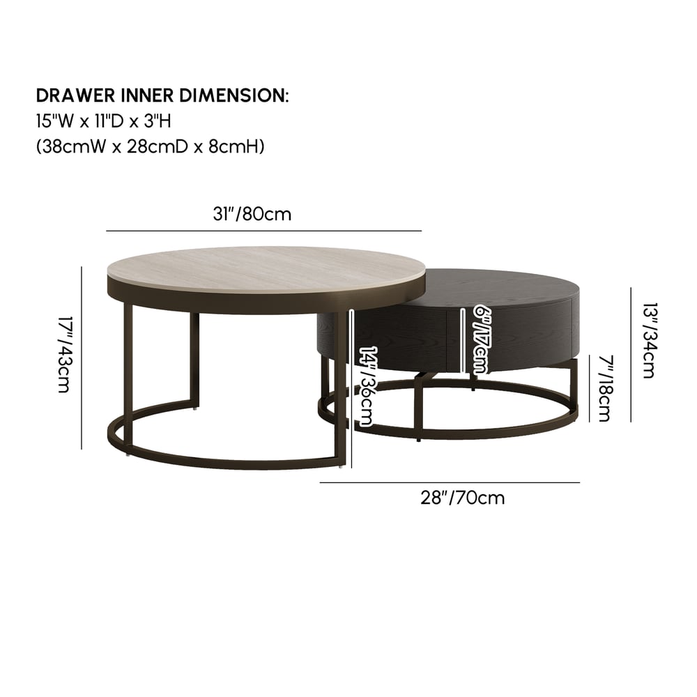 Ensemble de 2 tables basses gigognes rondes Nesnesis de 28" à 32" en noyer avec plateau en pierre frittée Poids, dimensions, image