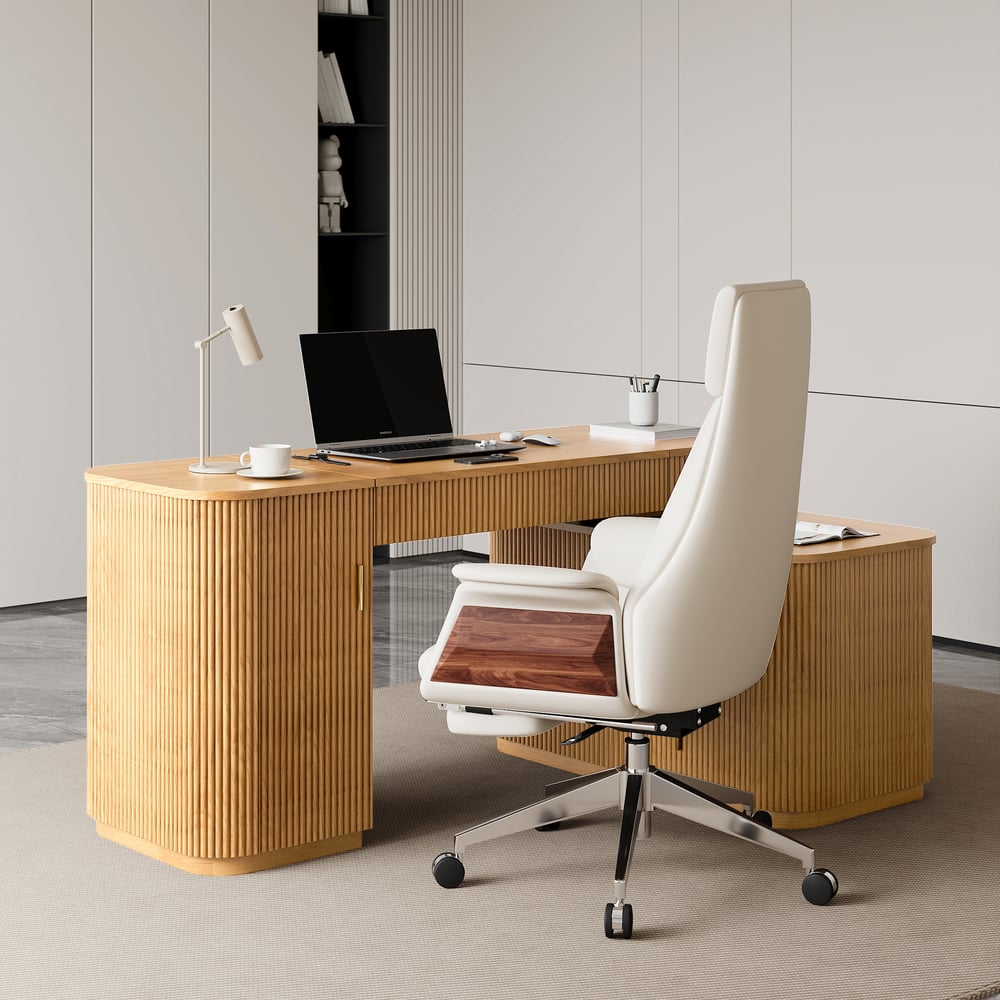 Velign 65" L-Shape Natural Executive Desk with Right-Side Cabinet window image