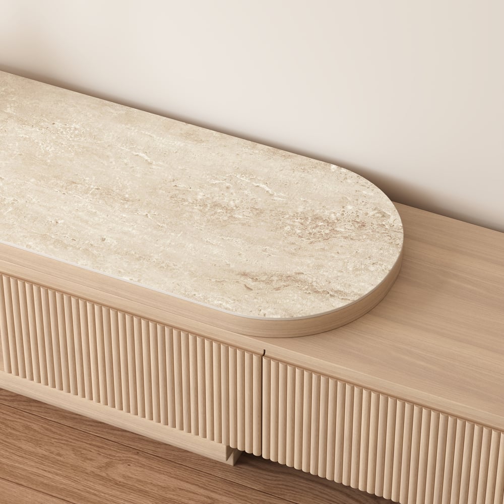 Rozšiřitelná rýhovaná televizní skříňka Velar 180-290 cm se spékavou kamennou deskou a 3 zásuvkami obrázek okna