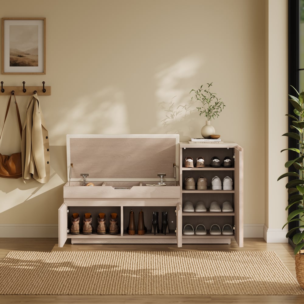 Banc de rangement pour chaussures en bois Aura 47 po avec armoire sur le côté droit pour l'entrée image de fenêtre