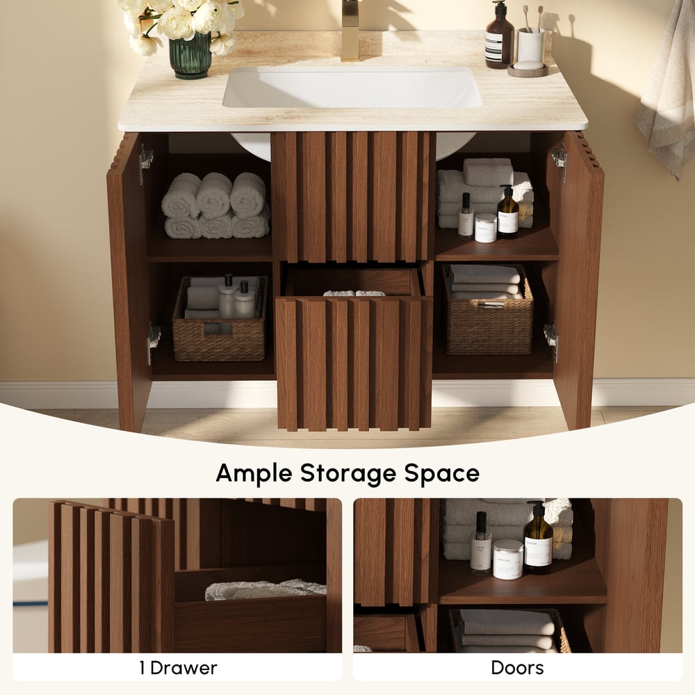 Aura 36" Bathroom Vanity with Light Ash Wood Slatted Panels Faux Travertine Top window image