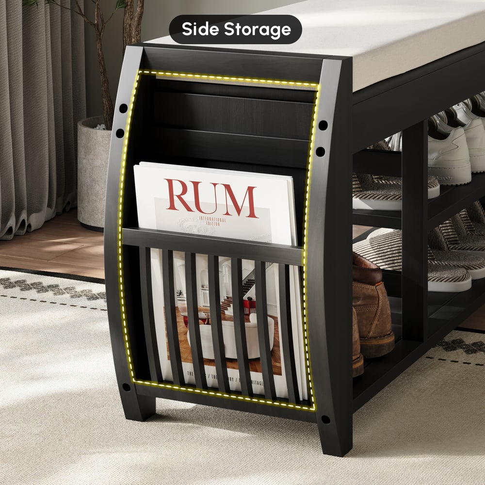 Banco zapatero de entrada de madera maciza negra de 40 pulgadas con estante para zapatos Imagen de ventana