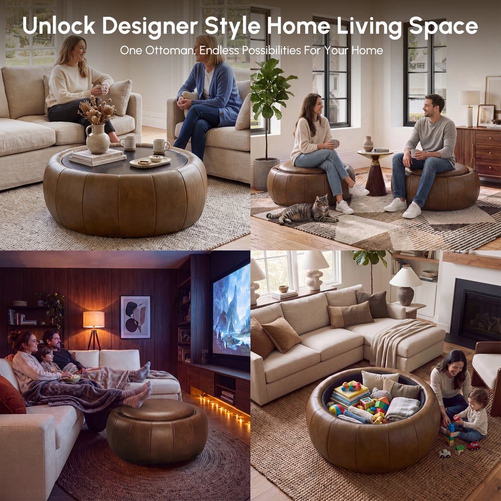 Modern 39" Round Performance Leather Ottoman Coffee Table with Hidden Storage window image