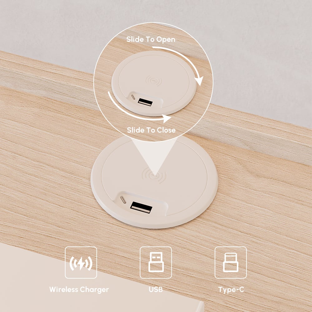 Zwevend houten nachtkastje met verlichting & oplaadstation Vensterafbeelding