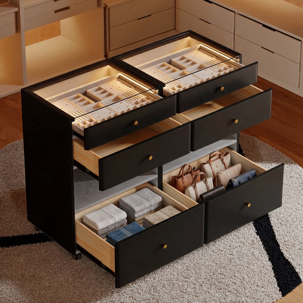 Selvo Walk-In Closet Island Jewelry Dresser with Glass Top & Light window image
