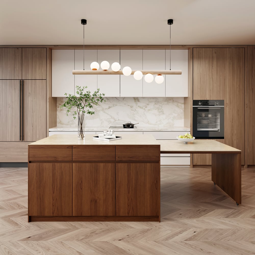 Îlot central de cuisine moderne extensible 205-284 cm avec plateau en pierre frittée mate finition noyer et rangement image de fenêtre