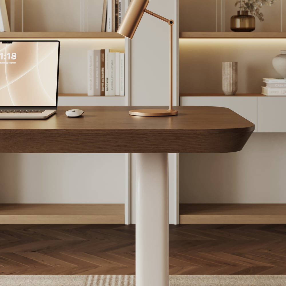 Modern 63” Rectangular Walnut Wood Desk with charging station & storage window image