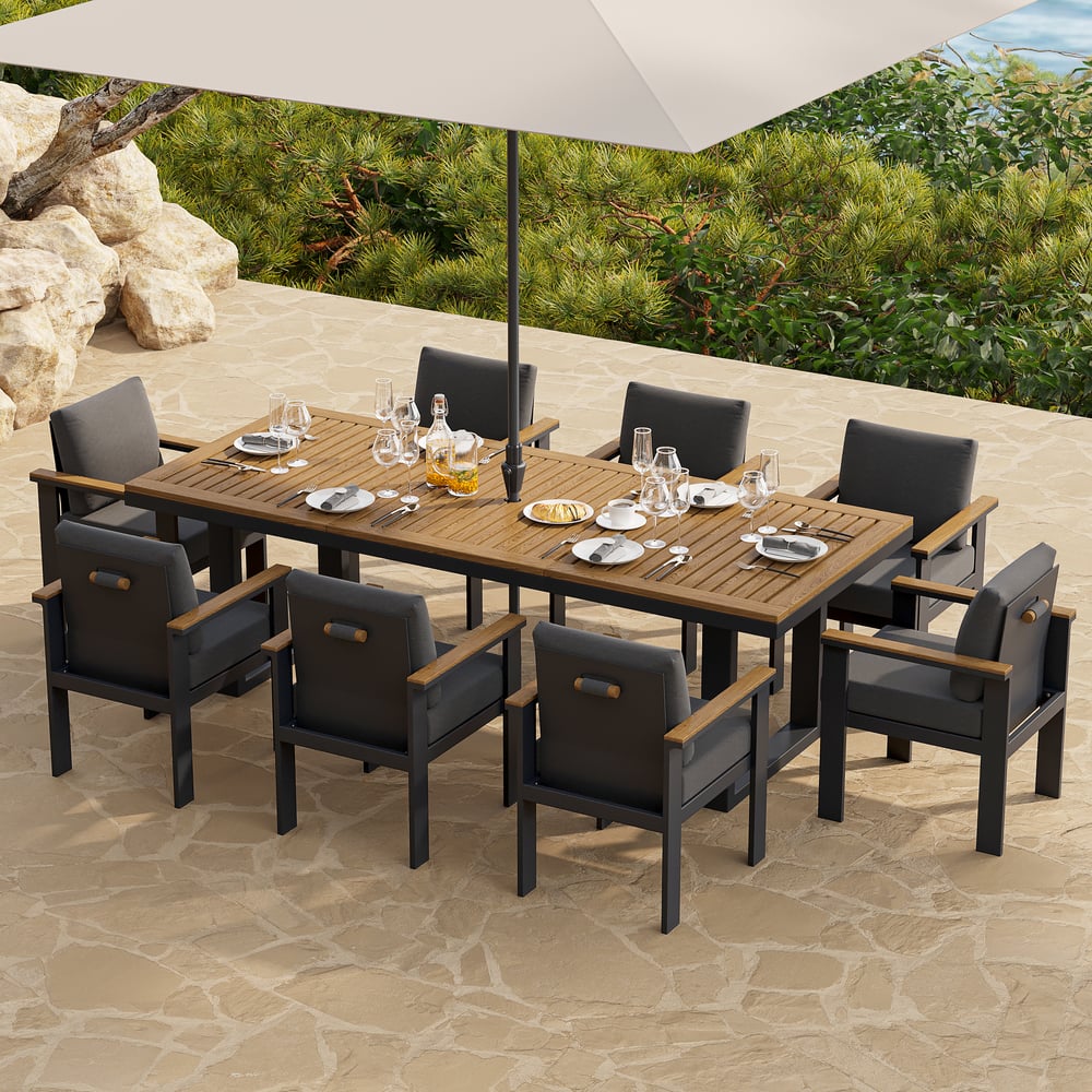 Chaises de salle à manger de jardin Tevara en teck et aluminium avec coussin - gris foncé, 2 pièces image de fenêtre