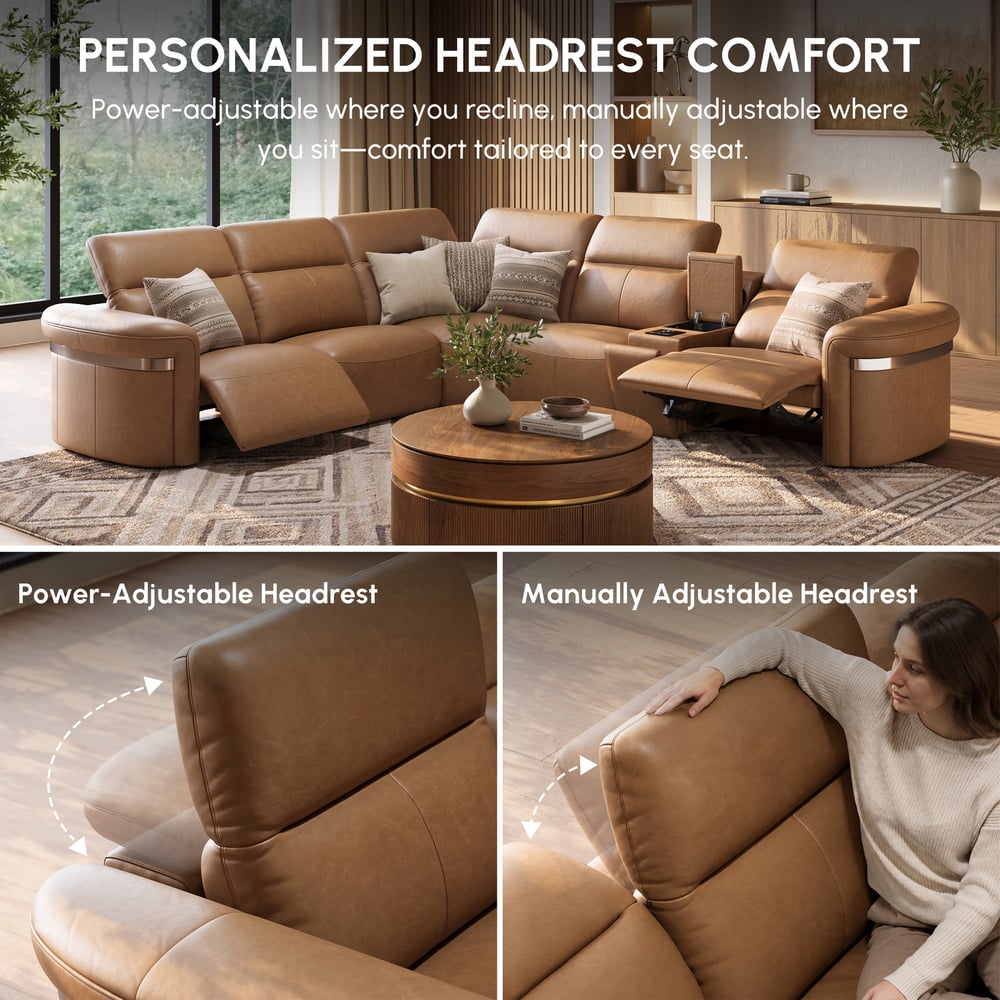 Genuine Leather Multifunction Media Console Power Reclining Sofa window image