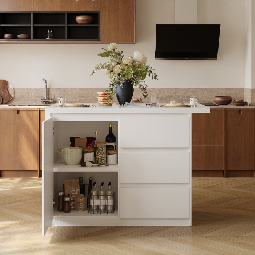 Îlot de cuisine moderne de 50 pouces en placage de marbre avec grand espace de rangement, blanc image de fenêtre