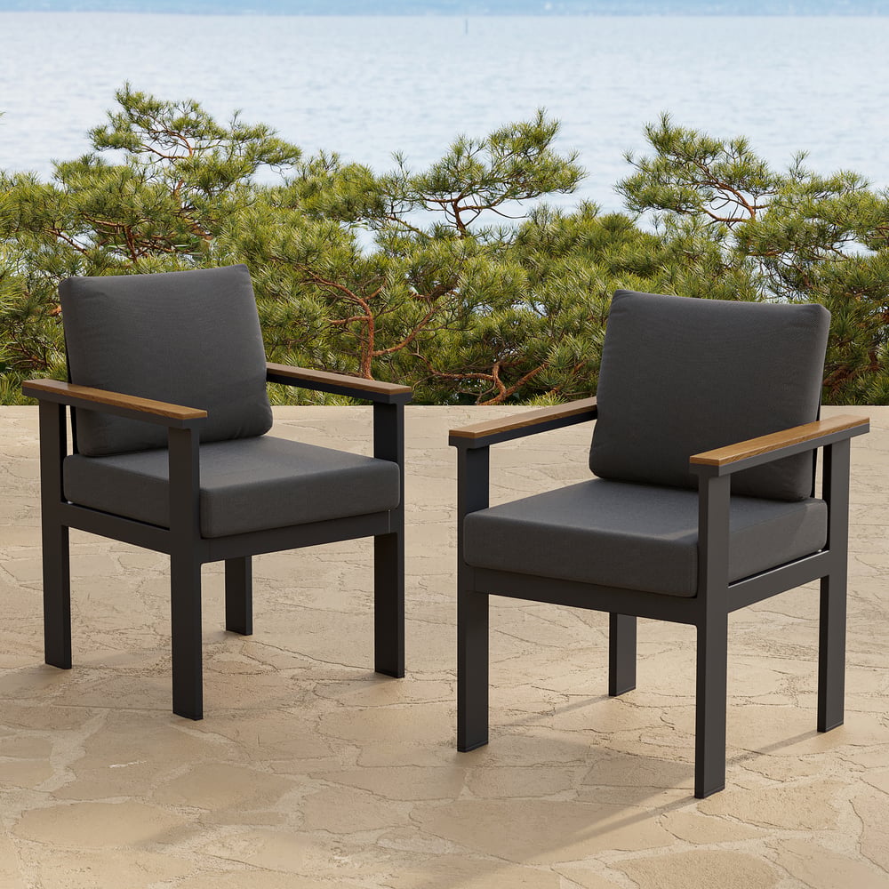 Chaises de salle à manger de jardin Tevara en teck et aluminium avec coussin - gris foncé, 2 pièces image de fenêtre