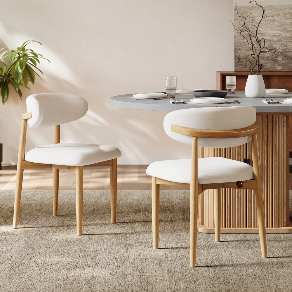 Modern Natural Linen Dining Chair with Rubber Wood Legs, 1 Piece window image