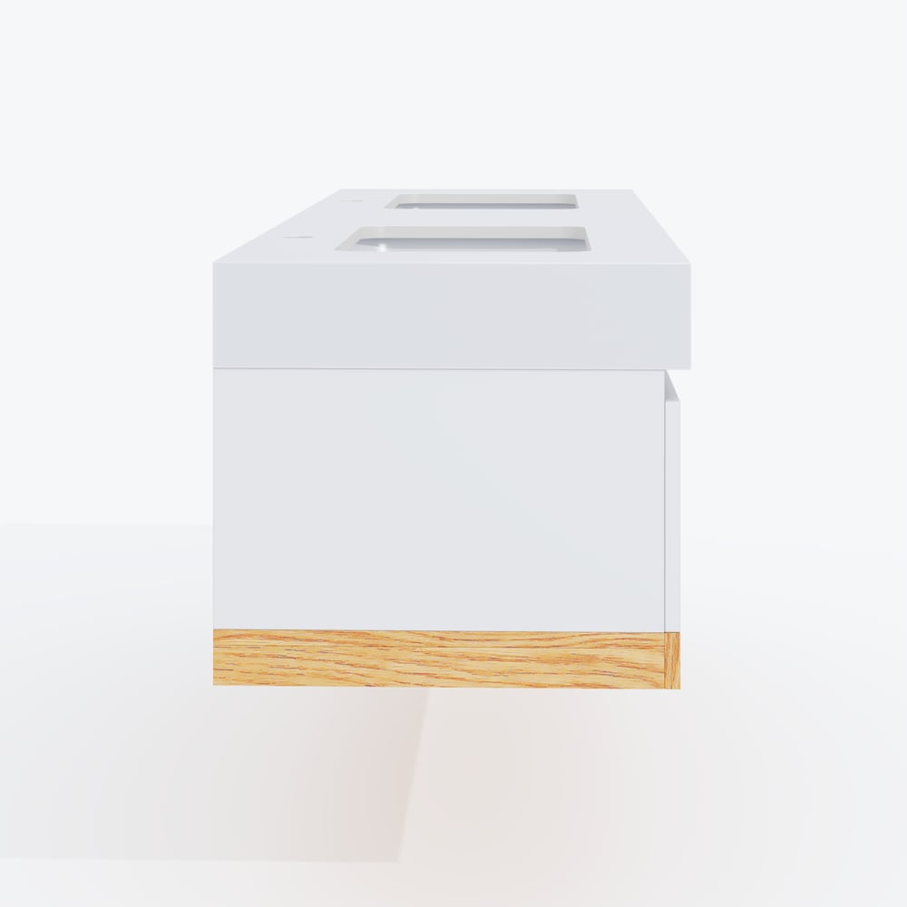 Móvel de casa de banho duplo flutuante de 150 cm com lavatórios de cerâmica, tampo de pedra sinterizada Imagem da janela