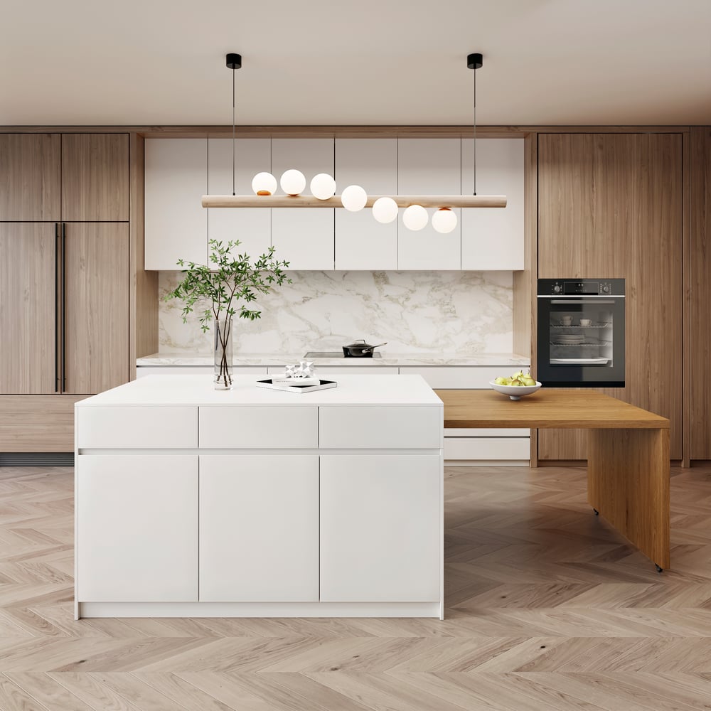Îlot de cuisine extensible en bois de 81'' à 112'' avec rangement, Naturel et Blanc image de fenêtre