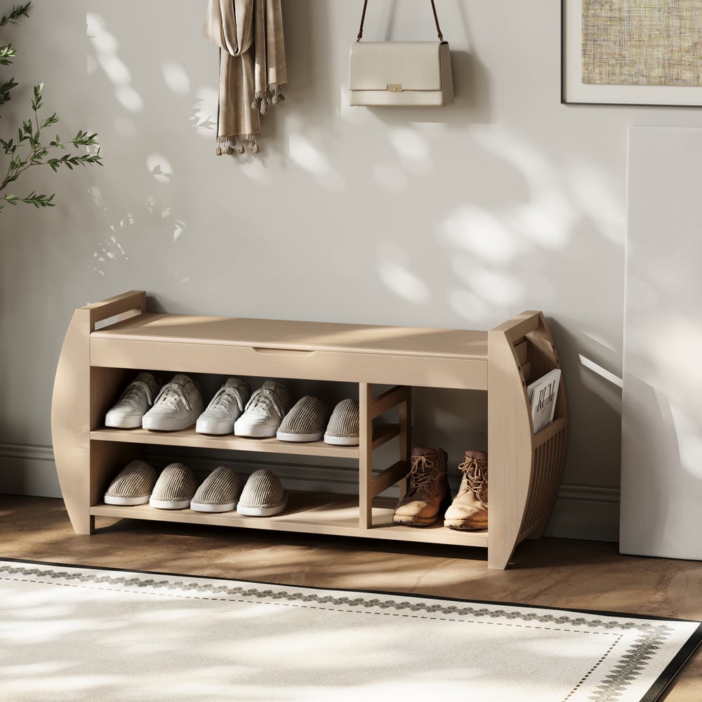 40'' Wood Veneer Whitewash Shoe Storage Entryway Bench with Shoe Rack window image