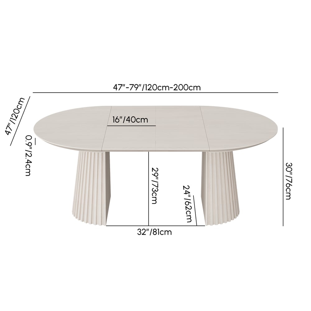 Modern 47"-79" Extendable Whitewash Wood Dining Table with Fluted Base, Seats 4-6 weights dimensions image