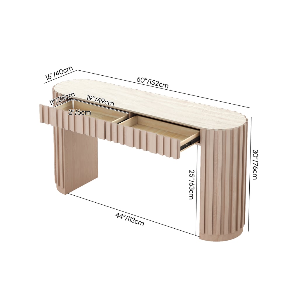 Aura 60" Ash Wood Fluted Whitewash Console Table With Sintered Stone Top weights dimensions image