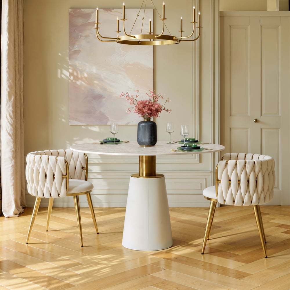 Modern 39" Round Faux Travertine Dining Table with Leather-Wrapped Base, Seats 2 window image