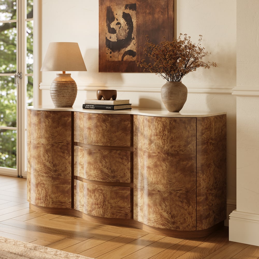 Modern 63" Burl Wood Sideboard with Sintered Stone Top window image