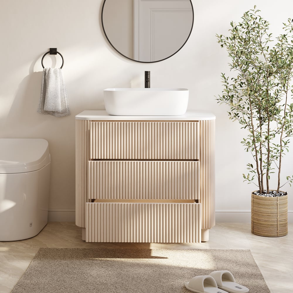 80cm Fluted Freestanding Bathroom Vanity with Vessel Sink, 3-Drawers, Sintered Stone top window image